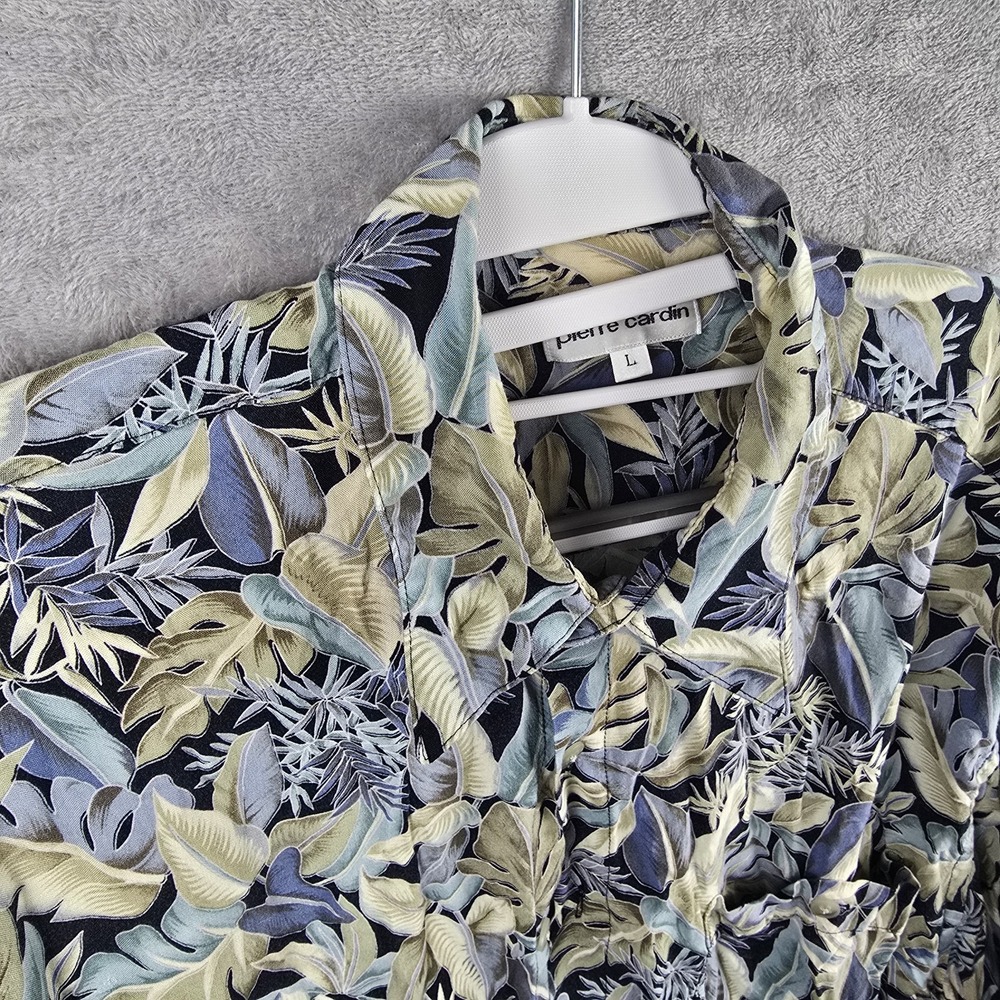 Pierre Cardinโ Mens Large Tropical Leaf Print Rayon Short Sleeve Button Up Shirt